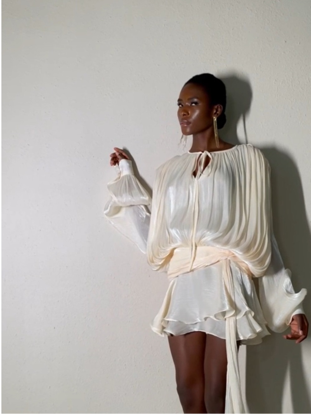 Women's Cream Pleated Tie-Neck Dress - Picture 9 of 14